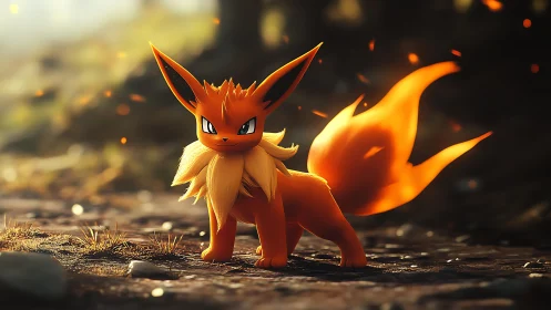 Fiery fox-like creature stands on forest floor at dusk