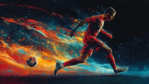 Soccer player in motion with abstract fiery trail effect.