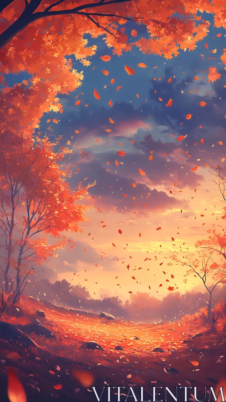 Sunlit forest path shows autumn foliage and airborne leaves