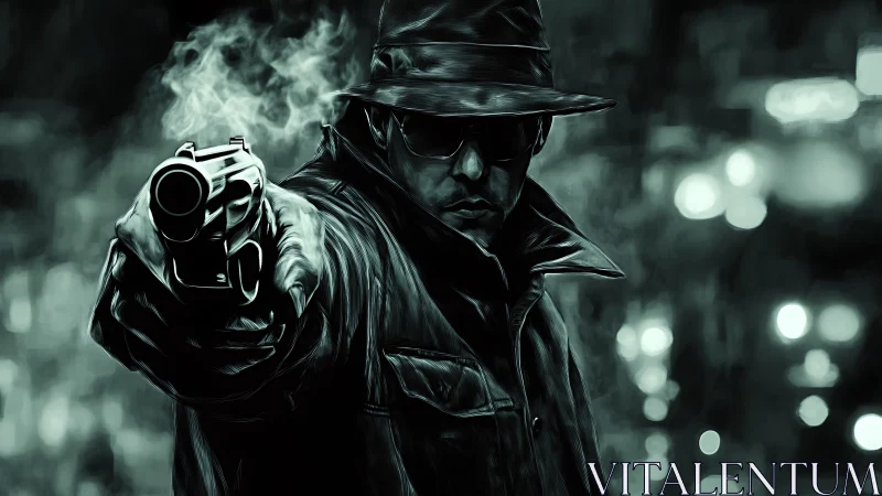 Noir gunman in trench coat confronts viewer at close range.