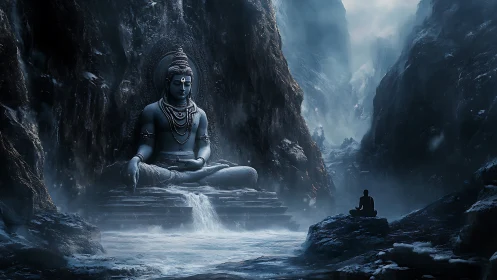Colossal mountain deity watches lone meditator in icy canyon.