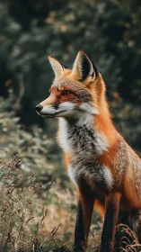 Red fox stands alert in soft, moody forest light