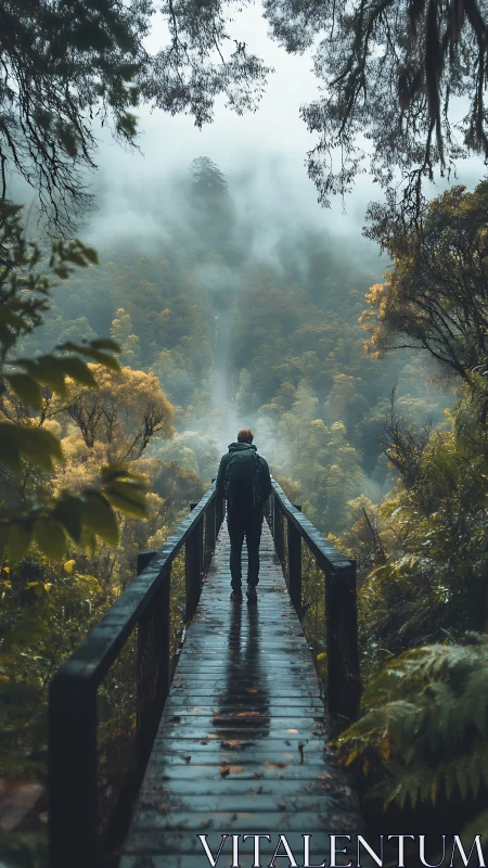 Lone hiker crosses misty forest bridge toward hidden falls