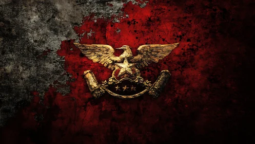 Grunge eagle emblem on distressed red textured background.