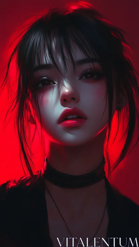 Moody digital portrait of young woman in red light glow.
