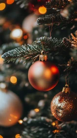 Red and gold baubles on evergreen branch with soft lights.