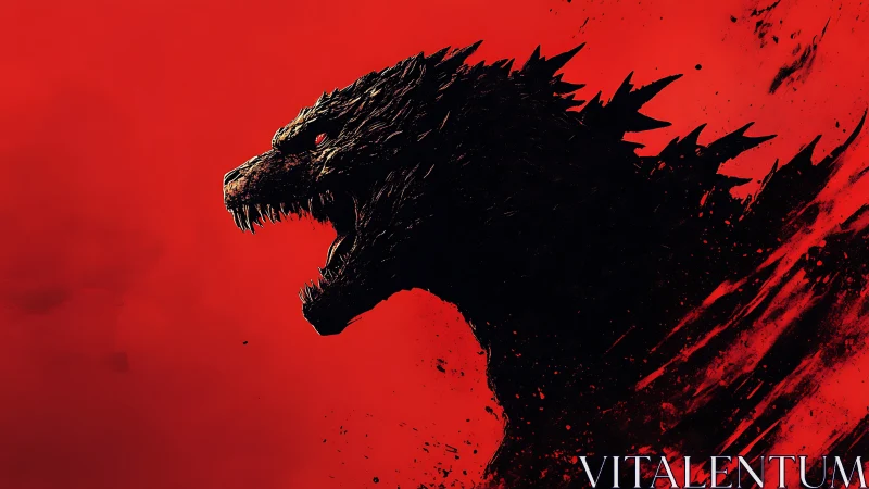 Roaring kaiju silhouette against blood red backdrop.