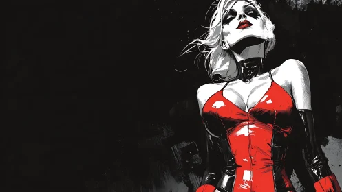 Defiant femme fatale rises from shadow in bold red latex