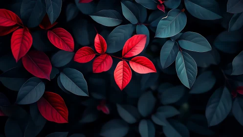 Scarlet leaves glow against deep teal forest foliage.
