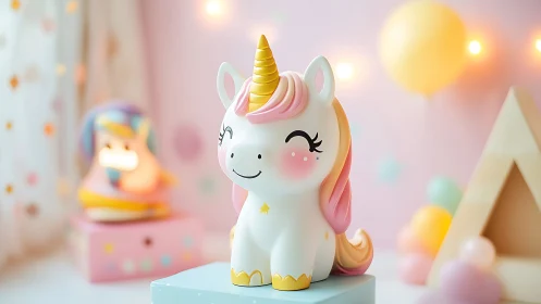 Smiling pastel unicorn toy in a dreamy, softly lit nursery.