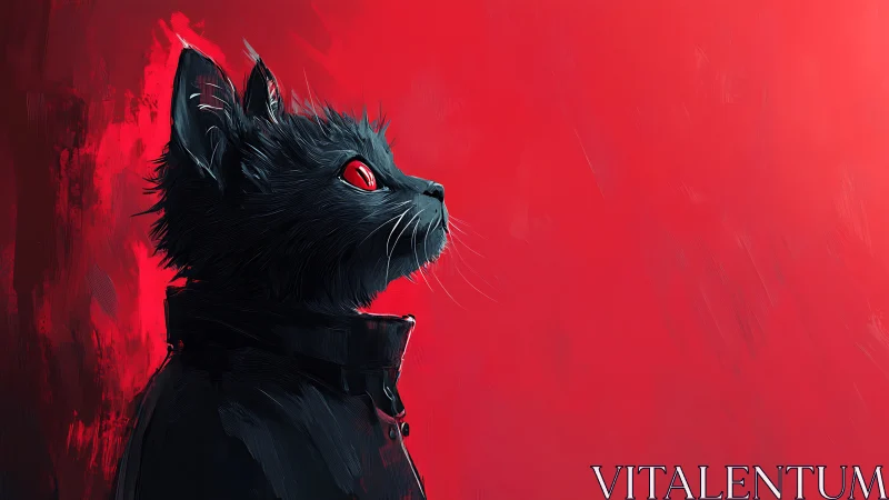 Black cat in coat against bold red background profile.