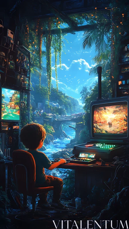 Pixel jungle doorway lets a young gamer pilot real sunlight