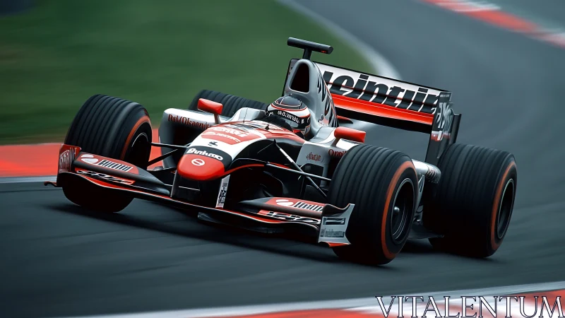 Formula race car attacks fast circuit corner at high speed