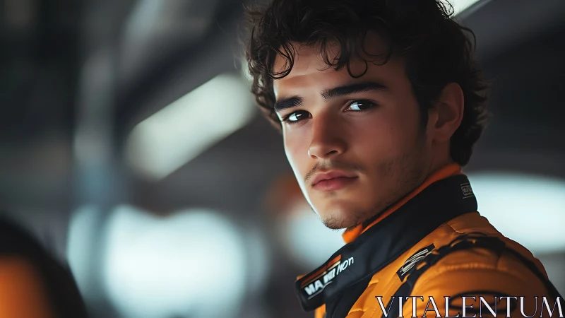 Male racing driver portrait in orange racing suit indoors.