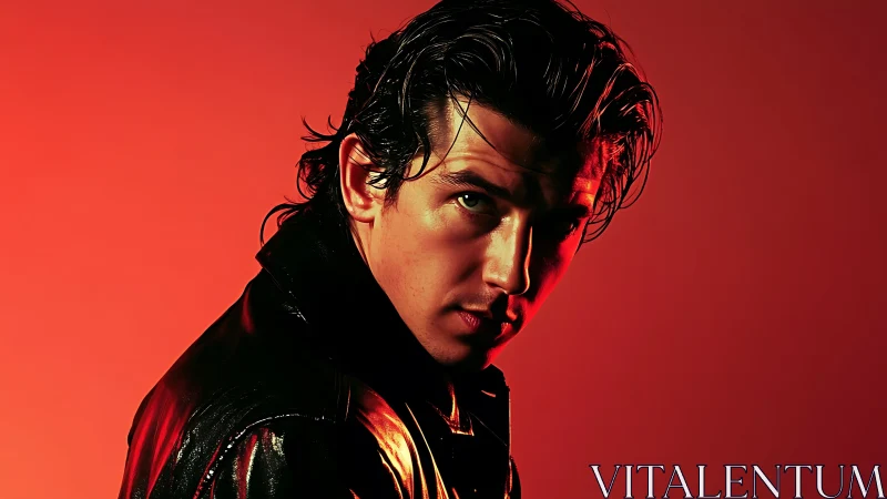 High-contrast male portrait in red gel lighting and leather jacket