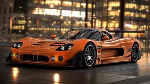 Orange supercar poised in glossy city penthouse garage.