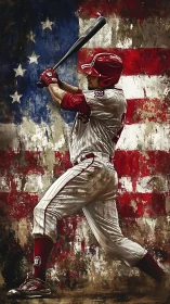 Bold baseball swing against a weathered American flag backdrop.