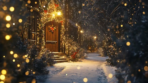 Cozy winter cottage doorway glowing with soft holiday lights.