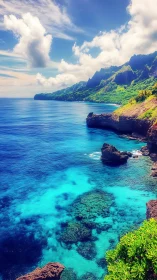 Tropical sea cliffs with vivid cyan shallows and clouds.