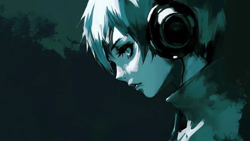 Headphone wearing anime character rendered in teal profile