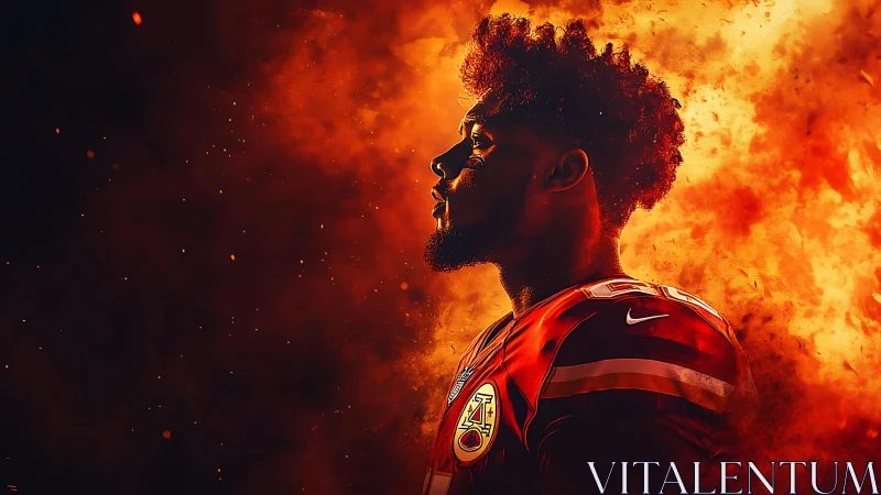 American football player in profile amid cinematic fire burst
