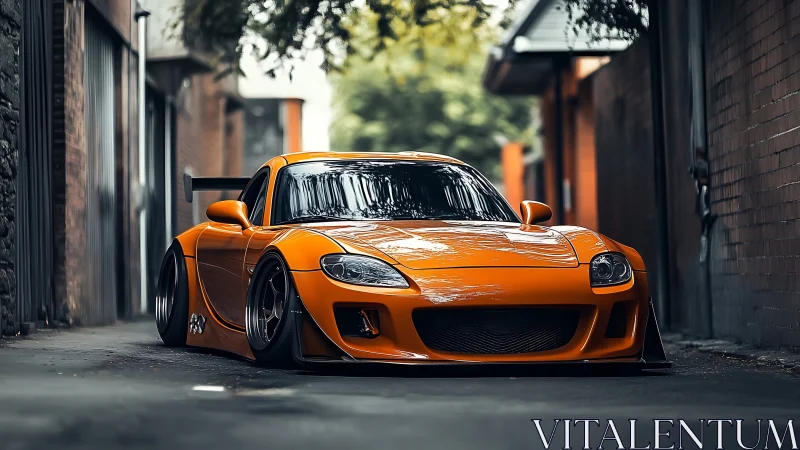 Low-slung orange street missile brooding in a quiet alley.