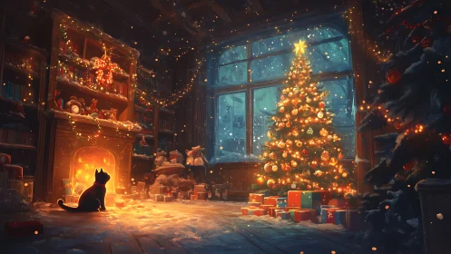 Glowing Christmas tree warms a snowy night through frosted glass