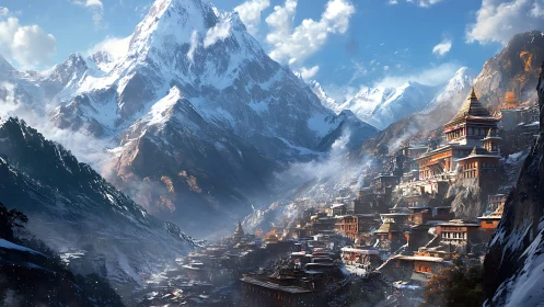 Mountain kingdom terraces beneath towering snow peaks.