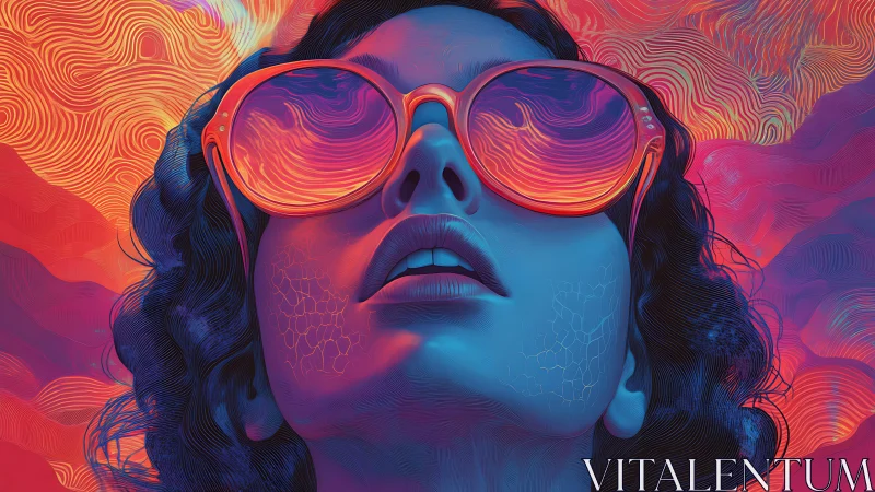 Neon-lit portrait with reflective sunglasses and fluid waves.