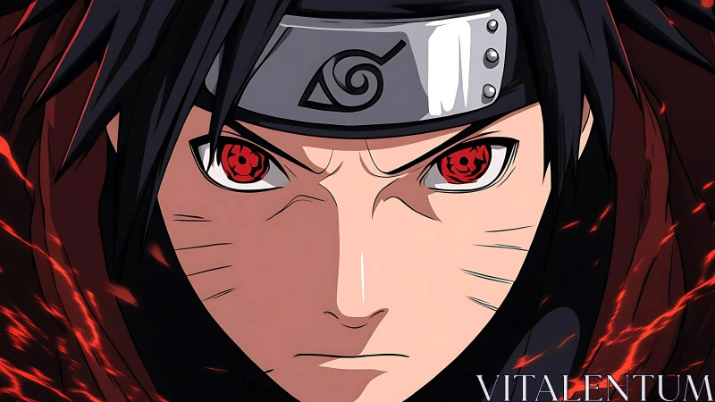 Fiery-eyed anime ninja locks gaze in intense focus