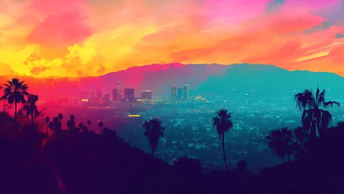 Dreamy neon sunset over a glowing palm-lined cityscape.