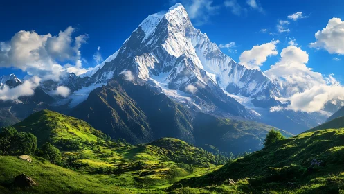 Snowbound mountain peak rises above vivid green valley