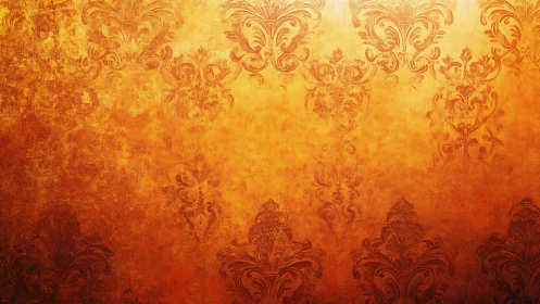 Ornate damask pattern in distressed golden tonal gradient field.