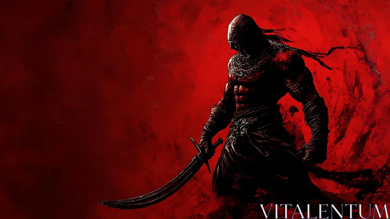 Shrouded warrior with curved blade amid swirling crimson void.