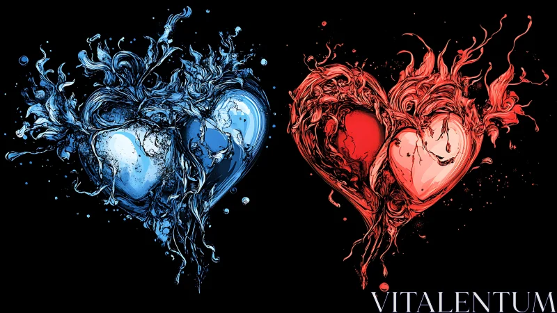 Dual Element Hearts: Fire and Ice Digital Illustration.