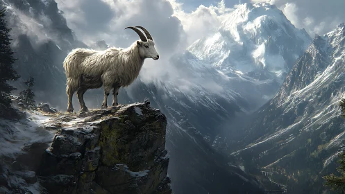 Mountain goat stands on snowy cliff above deep alpine valley