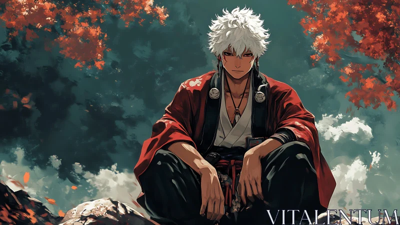 Anime samurai portrait under autumn canopy, cinematic staging.