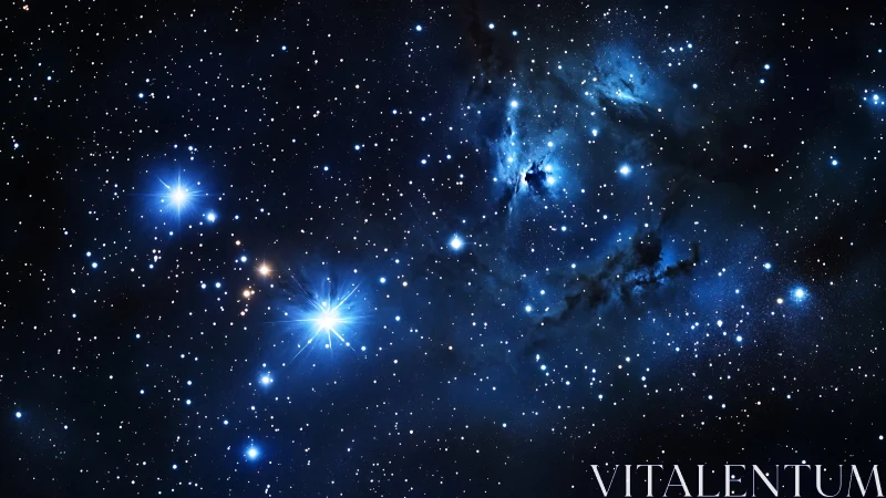 Blue star field glows across a dense cosmic nebula sky.