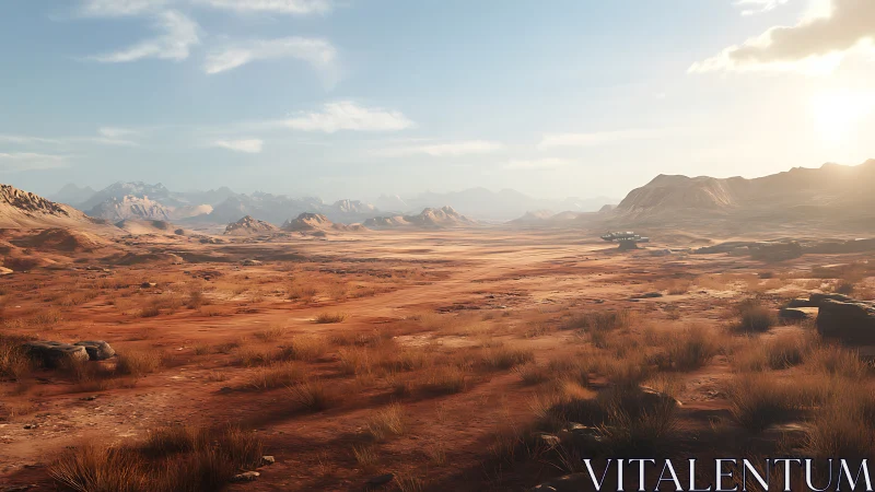 Arid martian basin with distant spacecraft and soft backlight.