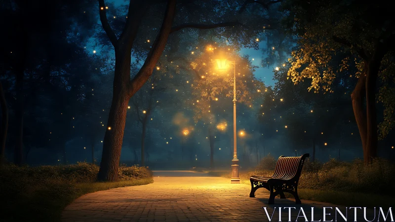 Quiet park path under lamplight with fireflies at night.