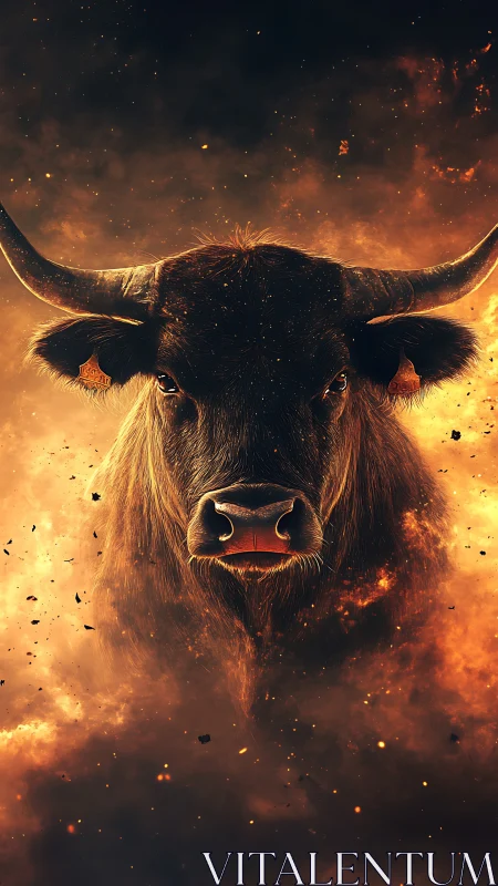 Fiery bull emerging from glowing embers of night sky.