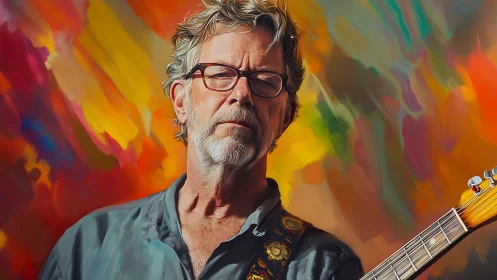 Textured digital portrait of older guitarist against chromatic blur