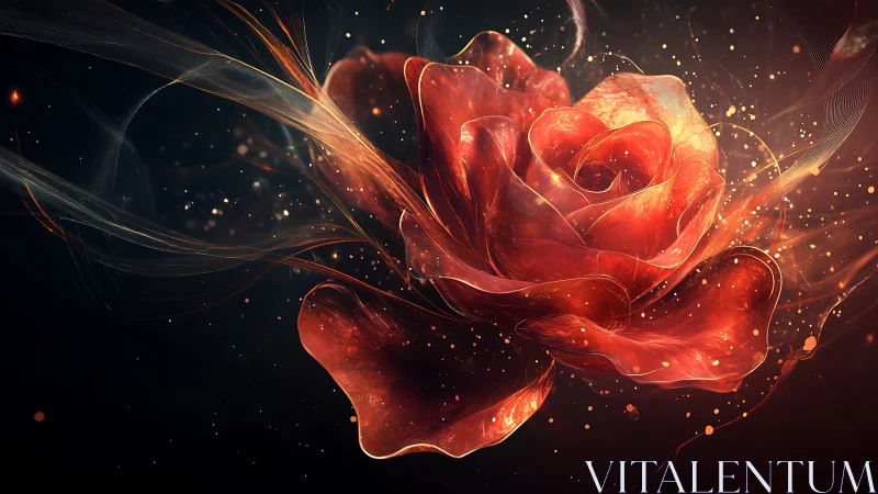 Luminescent digital rose rendered with fluid light trails