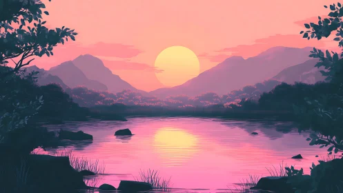 Layered sunset lake landscape with soft gradient atmospheric depth