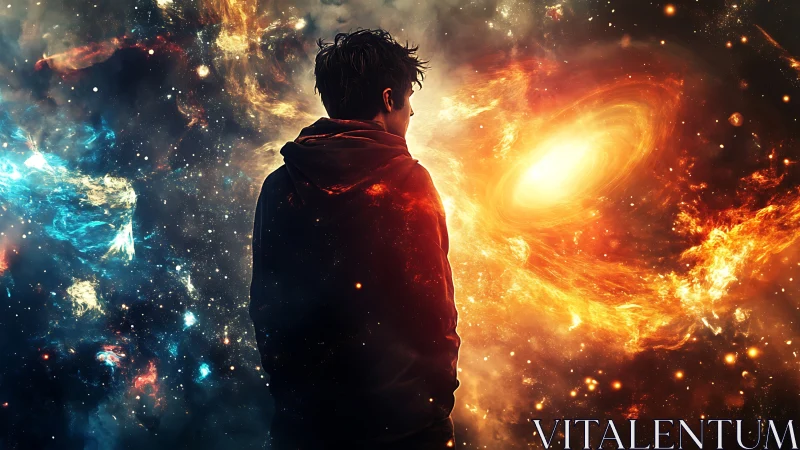 Backlit male silhouette studies twin nebulae in high-contrast space