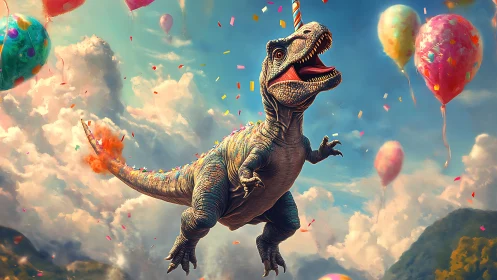 Whimsical Dinosaur Flying Through Clouds and Balloons