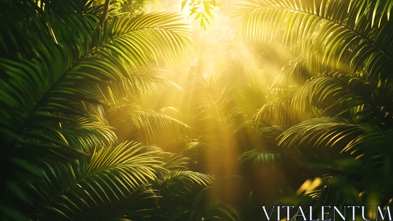 Sunlight penetrating dense tropical palm foliage canopy.