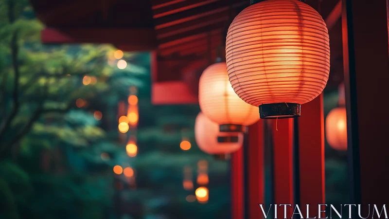 Row of illuminated paper lanterns along outdoor walkway.