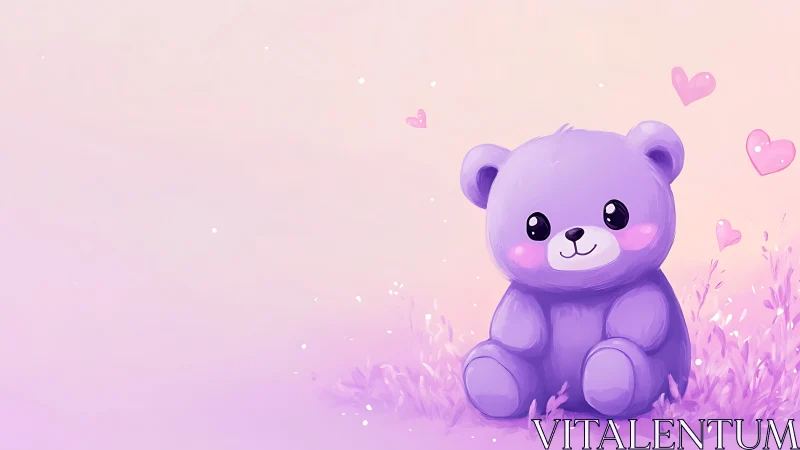 Purple teddy bear illustration on soft pink gradient field.