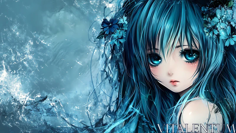 Dreamy blue haired girl in a gentle, sparkling fantasy world.